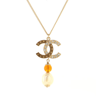 Chanel Engraved CC Drop Pendant Necklace Metal with Crystals, Faux Pearl and Bead