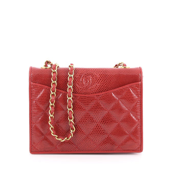 Chanel Vintage Chain Flap Bag Quilted Lizard Small Red
