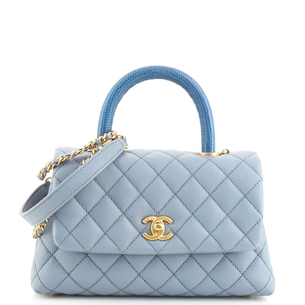 Chanel Coco Top Handle Bag Quilted Caviar with Lizard Mini Blue
