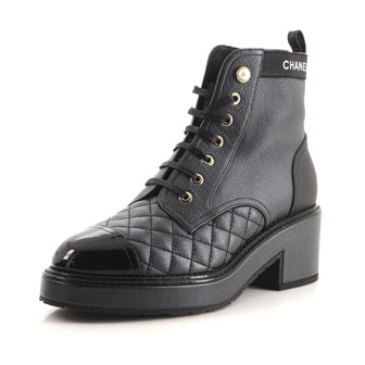 Chanel Women's Logo Pearl Cap Toe Lace Up Combat Boots Quilted Leather with Patent
