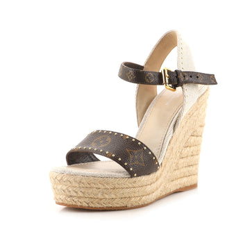 Louis Vuitton Women's Coastline Wedge Espadrille Sandals Patent Monogram Canvas
