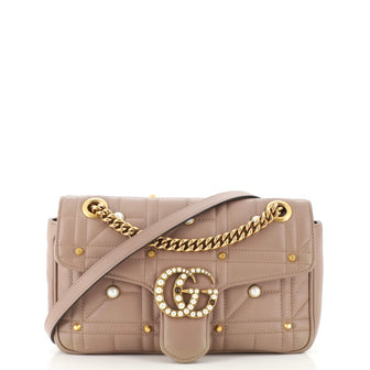 Gucci Pearly GG Marmont Flap Bag Embellished Matelasse Leather Small