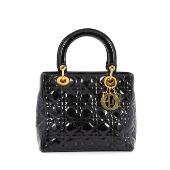 Christian Dior Lady Dior Handbag Cannage Quilt Patent Medium black