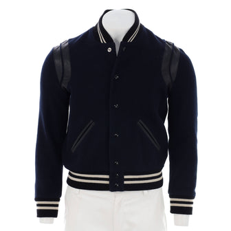 Saint Laurent Men's Classic Teddy Bomber Jacket Wool Blend with Leather