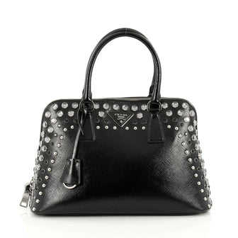 Prada Promenade Handbag Studded Vernice Saffiano Leather Medium Black