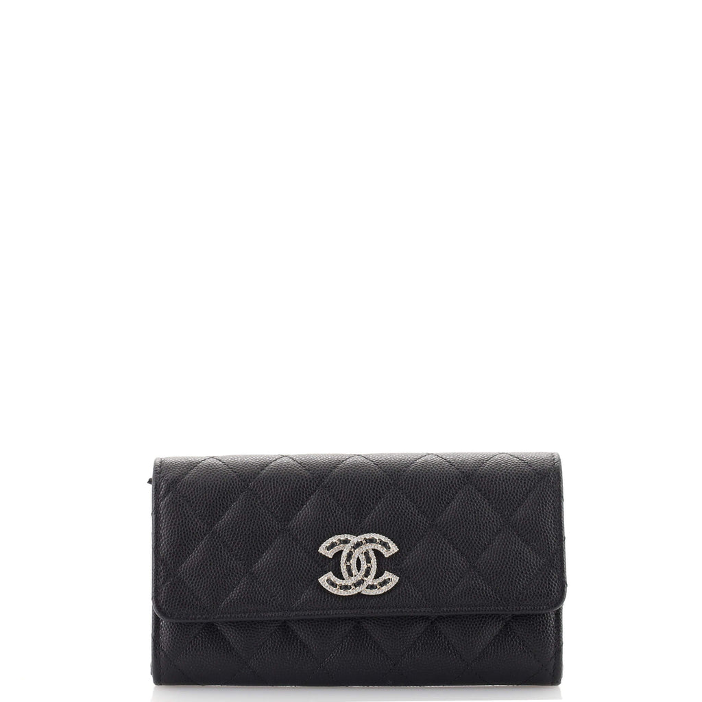 Chanel Crystal Woven CC Flap Wallet Quilted Caviar Medium Black
