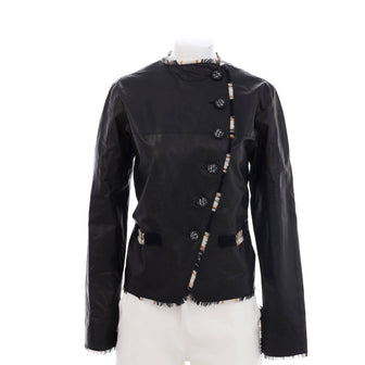 Chanel Women's Two Pocket Button Up Trim Jacket Leather with Tweed