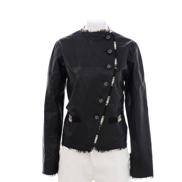 Chanel Women's Two Pocket Button Up Trim Jacket Leather with Tweed