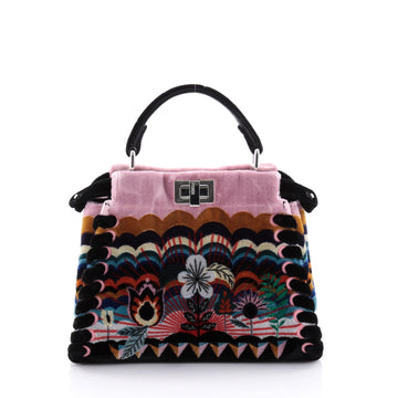 Fendi Peekaboo Handbag Embroidered Velvet Mini Pink 1742801