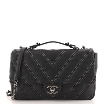 Chanel CC Top Handle Flap Bag Chevron Stitched Calfskin Large