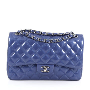 Chanel Classic Double Flap Bag Quilted Patent Jumbo blue