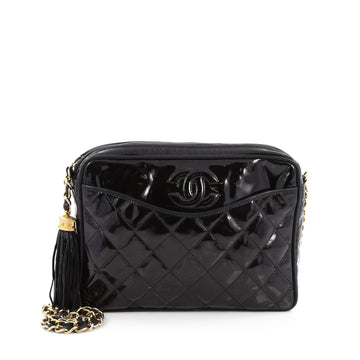 Chanel Vintage Camera Tassel Bag Quilted Patent Medium Black