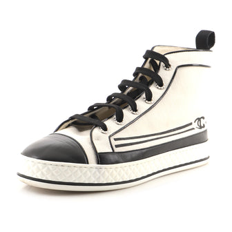 Chanel Women's CC Cap Toe High Top Sneakers Canvas and Leather