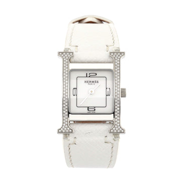 Hermes Heure H Double Jeu Quartz Watch Stainless Steel and Leather with Diamond Bezel 21