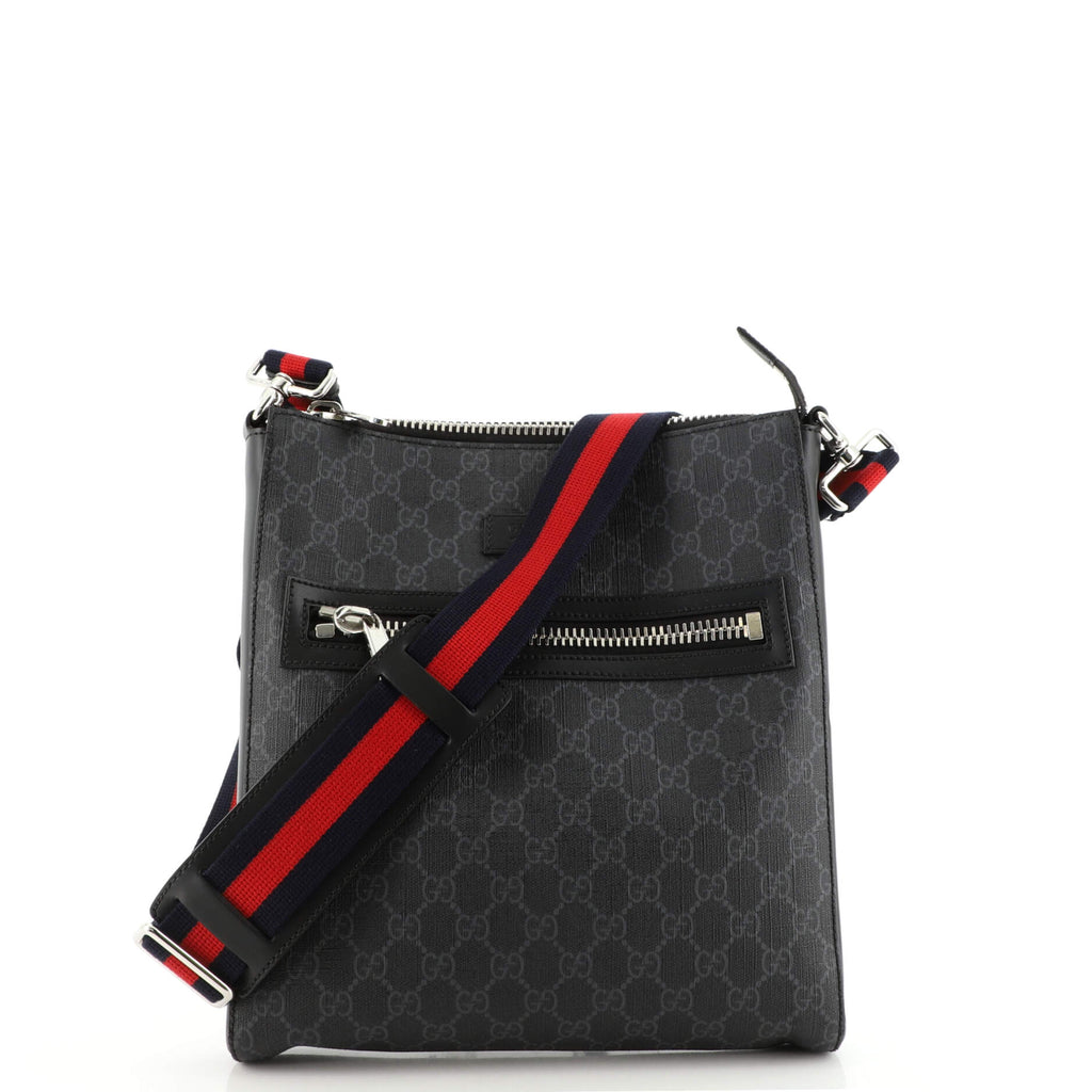 Gucci Web Strap Front Zip Messenger Bag GG Coated Canvas Medium