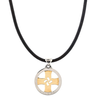 Bvlgari Tondo Cross Pendant Necklace Stainless Steel with 18K Yellow Gold and Cord