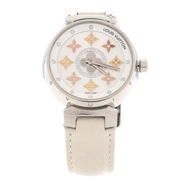 Louis Vuitton Tambour Quartz Watch Stainless Steel and Leather with Diamond Markers and Dial with Mother of Pearl 34