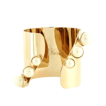 Christian Dior Asymmetrical Cuff Bracelet Metal with Faux Pearls