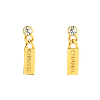 Chanel CC Plate Logo Dangle Earrings Metal with Crystals