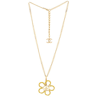 Chanel Pinwheel Flower Pendant Necklace Metal and Leather with Faux Pearls