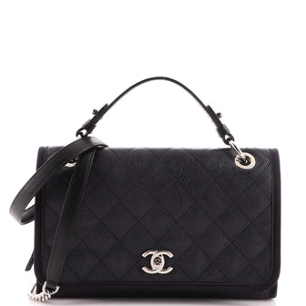 CC Top Handle Flap Bag Quilted Caviar with Grosgrain Medium