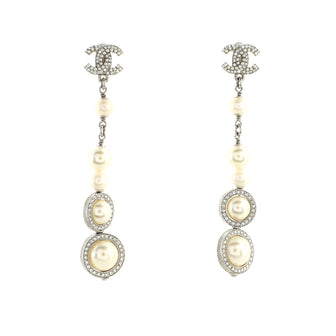 Chanel CC Round Drop Dangle Earrings Metal with Crystals and Faux Pearls