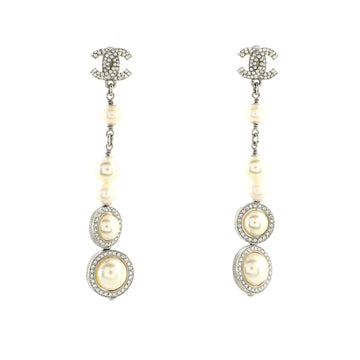 Chanel CC Round Drop Dangle Earrings Metal with Crystals and Faux Pearls