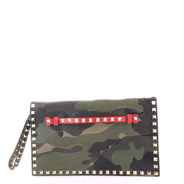 Valentino Garavani Rockstud Flap Clutch Camo Leather and Canvas