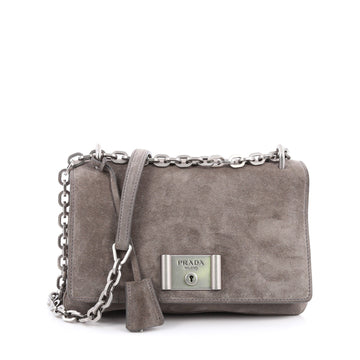 Prada Chain Flap Shoulder Bag Suede Medium Gray