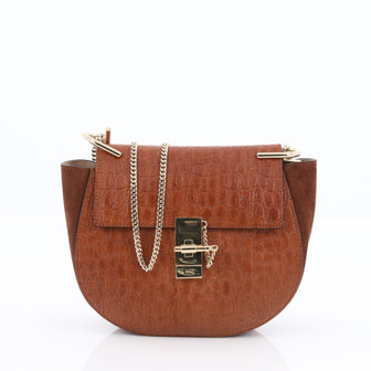 Chloe Drew Crossbody Bag Crocodile Embossed Leather with Suede Small Brown