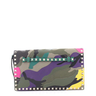 Valentino Garavani Rockstud Flap Clutch Camo Leather and Canvas