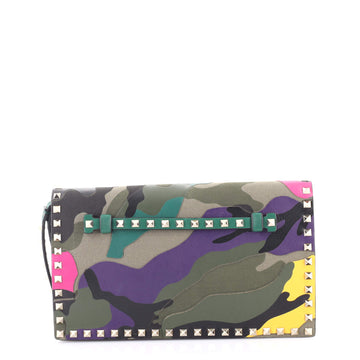 Valentino Garavani Rockstud Flap Clutch Camo Leather and Canvas