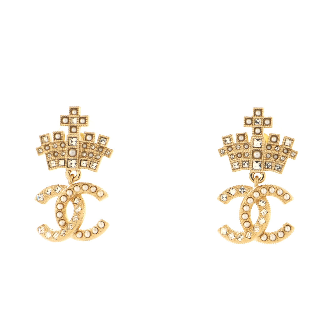 Chanel CC Dangle Crown Stud Earrings Metal with Crystal and Faux