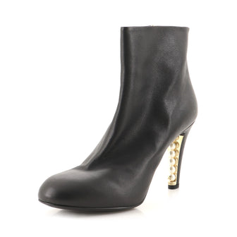 Chanel Women's Pearl Embellished Heeled Ankle Boots Leather