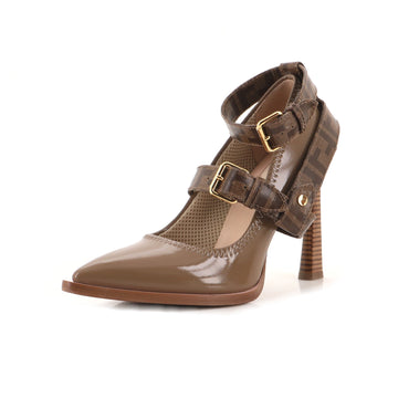 Fendi Women's Buckled Strap Decollete Pumps Zucca Coated Canvas and Patent