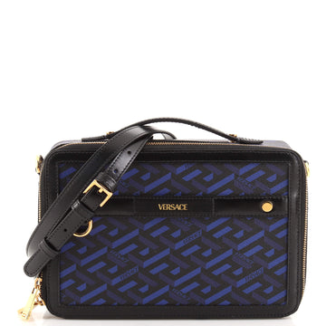 Versace Zip Around Messenger Bag La Greca Signature Coated Canvas Small