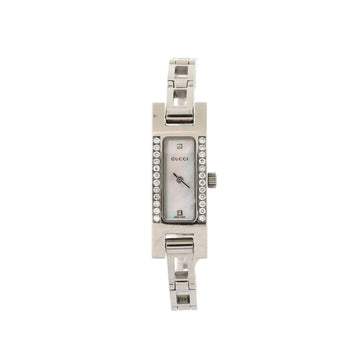 Gucci G-Frame Rectangular Quartz Watch Stainless Steel with Diamonds and Mother of Pearl 12