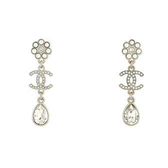 Chanel CC and Flower Teardrop Dangle Earrings Metal with Crystals and Faux Pearls