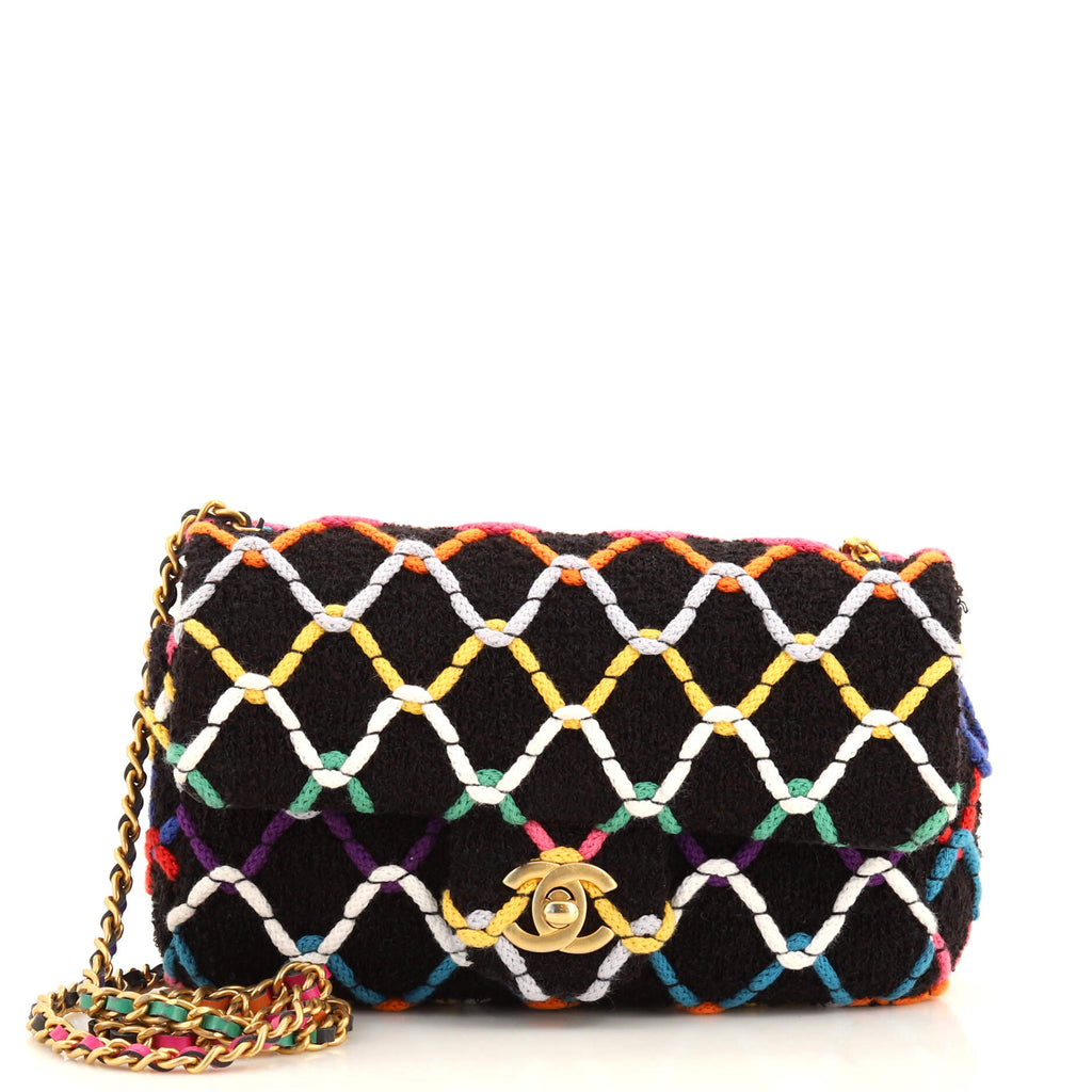 Chanel Pearl Crush Flap Bag Quilted Multicolor Tweed Mini Black