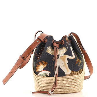 Loewe Paula's Ibiza Balloon Bucket Bag Printed Canvas with Raffia Small