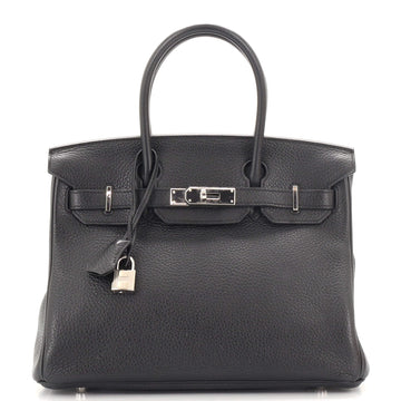 Hermes Birkin Handbag Black Clemence with Palladium Hardware 30
