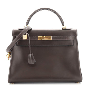 Hermes Kelly Handbag Brown Box Calf with Gold Hardware 32