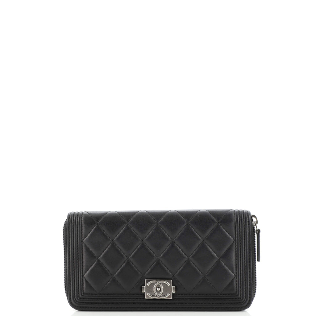 Chanel Boy Zip Around Wallet Quilted Lambskin Long Black 17619446