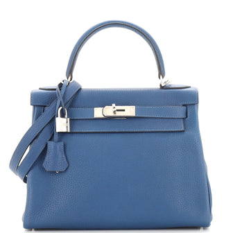Hermes Kelly Handbag Blue Clemence with Palladium Hardware 28