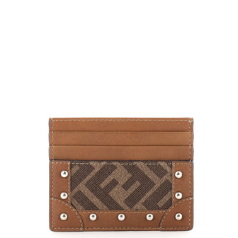 Fendi Card Holder Studded Leather with Zucca Coated Canvas