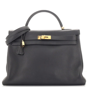 Hermes Kelly Handbag Black Clemence with Gold Hardware 40