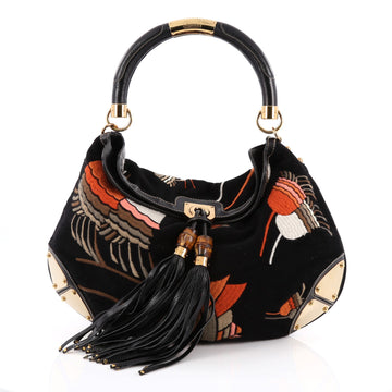 Gucci Indy Hobo Embroidered Velvet Large Black