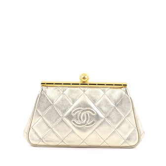 Chanel Vintage Diamond CC Frame Clutch Quilted Leather gold