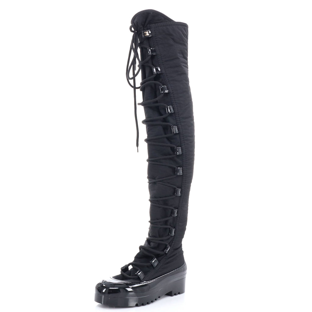 Chanel Women's Lace Up Thigh High Winter Boots Nylon and Rubber