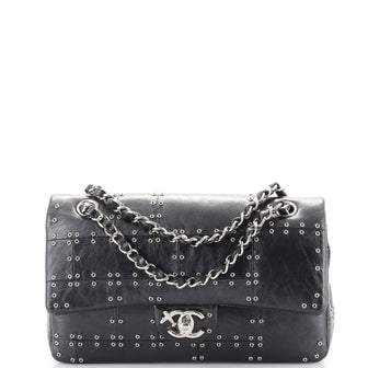 Chanel Airlines Classic Double Flap Bag Studded Quilted Glazed Calfskin Medium